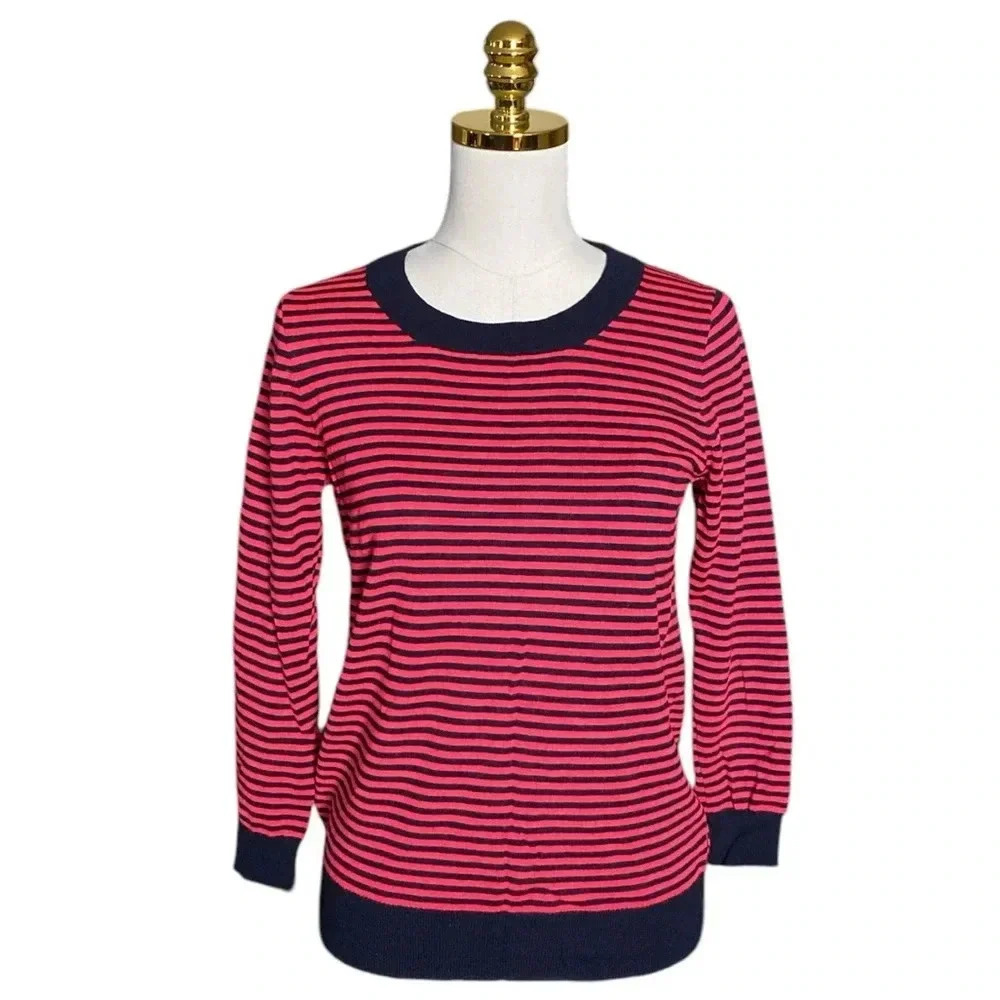 J CREW | Navy & Red Striped Crewneck 100% Merino Wool Knit Sweater Size S